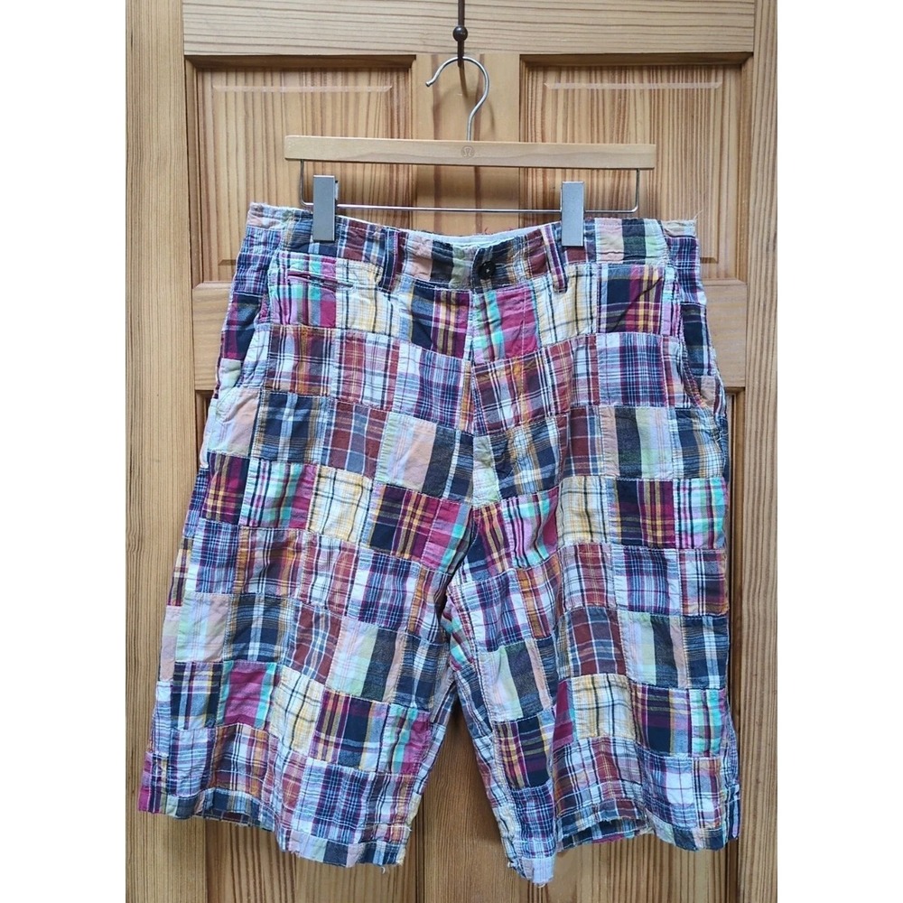 Distressed American Eagle Patchwork Board Shorts Sz 34 Madras Quilt Pockets Logo